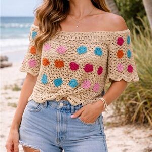 Colorful Crochet Off-Shoulder Sweater